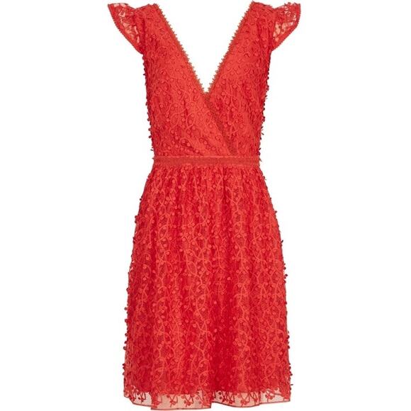 Reiss Abrianna Red Lace V-Neck Cap Sleeve Cocktail Dress Size 4 - Picture 5 of 15